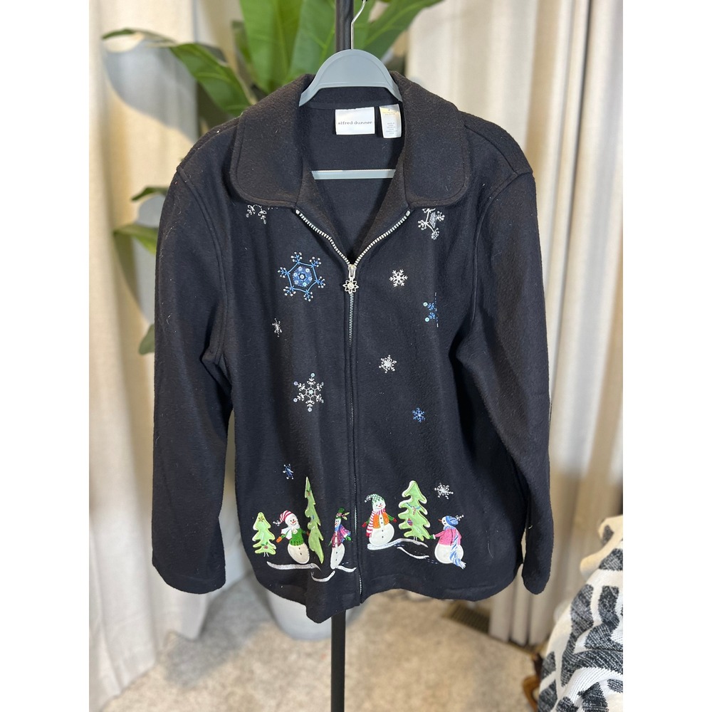 Alfred Dunner Black Fleece Zip Jacket Snowman Snowflake Embroidery Women Medium